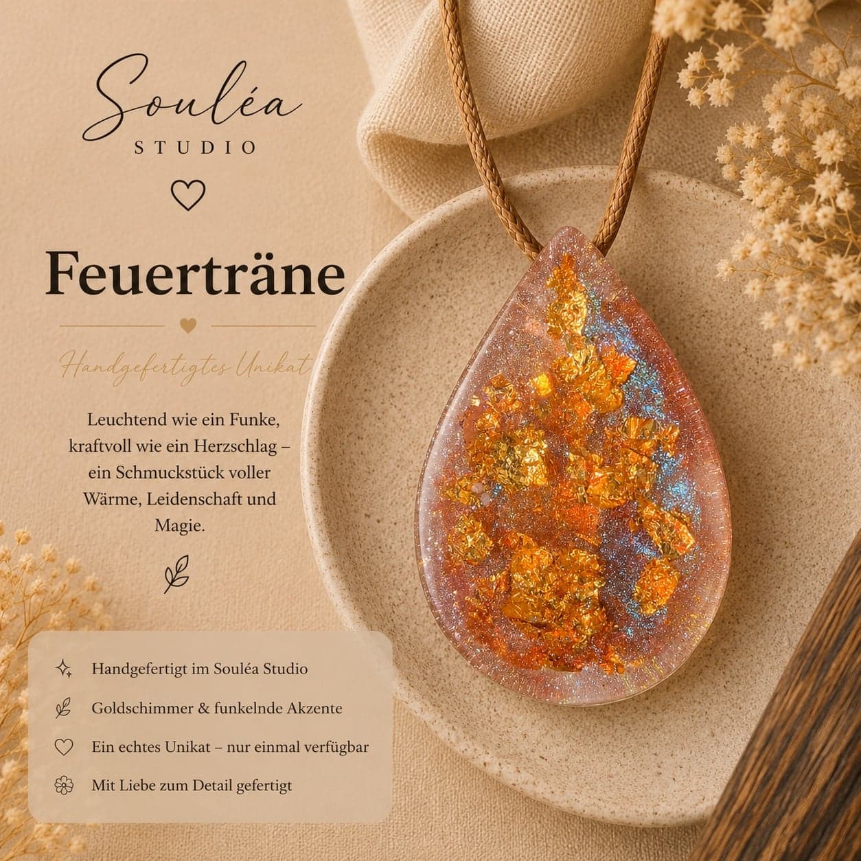 Feuerträne – Ein leuchtendes Spiel aus Gold, Bernstein und funkelnden Reflexen – Feuerträne vereint Wärme, Kraft und Eleganz in einem einzigartigen handgefertigten Schmuckstück.