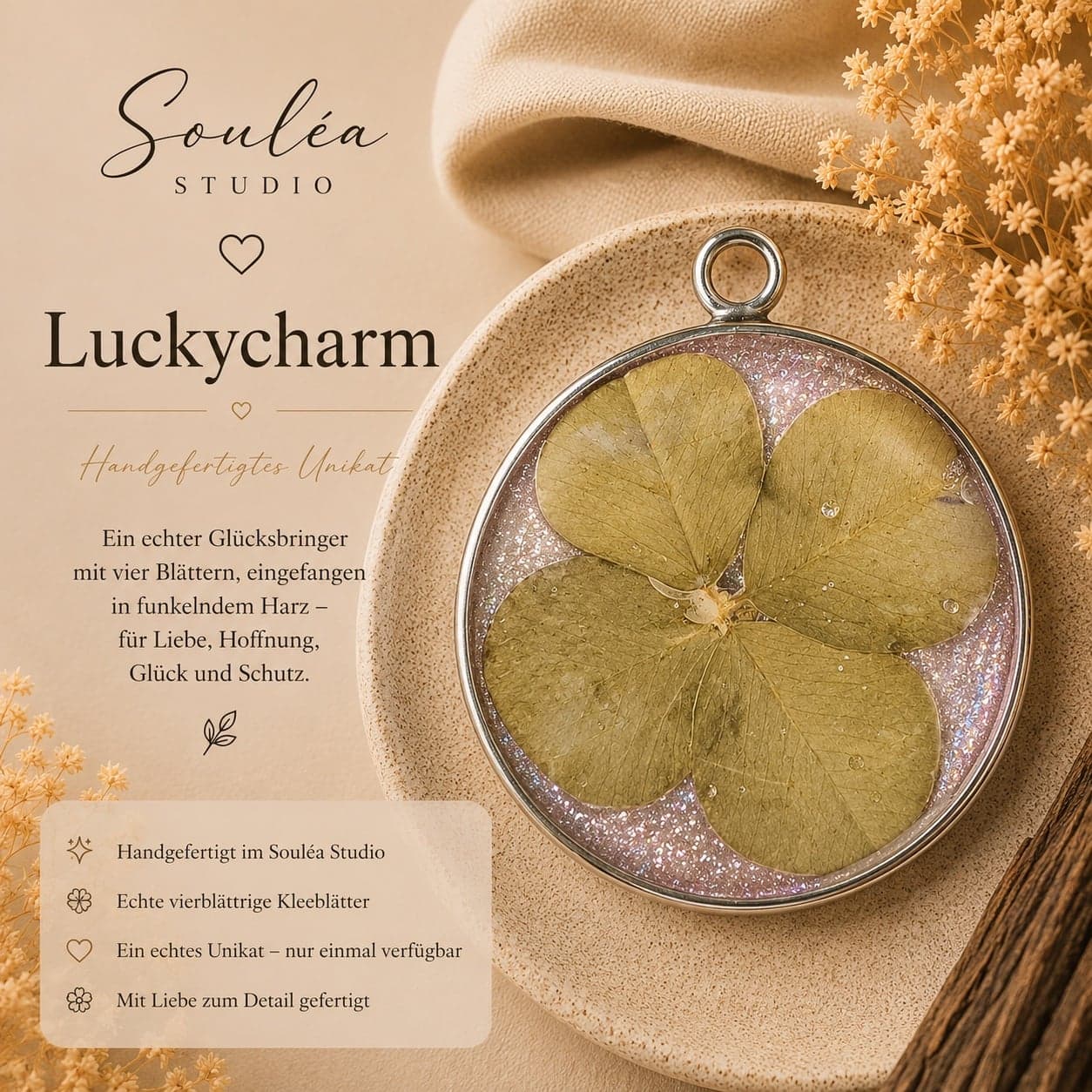 Luckycharm – Ein echtes vierblättriges Kleeblatt, eingefangen für die Ewigkeit – ein Symbol für Glück, Hoffnung und die kleinen Wunder des Lebens.