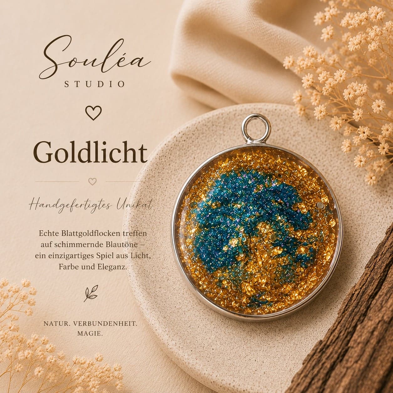 Goldlicht – Ein funkelndes Unikat aus echten Blattgoldflocken und schimmernden Blautönen – voller Wärme, Licht und Eleganz.
