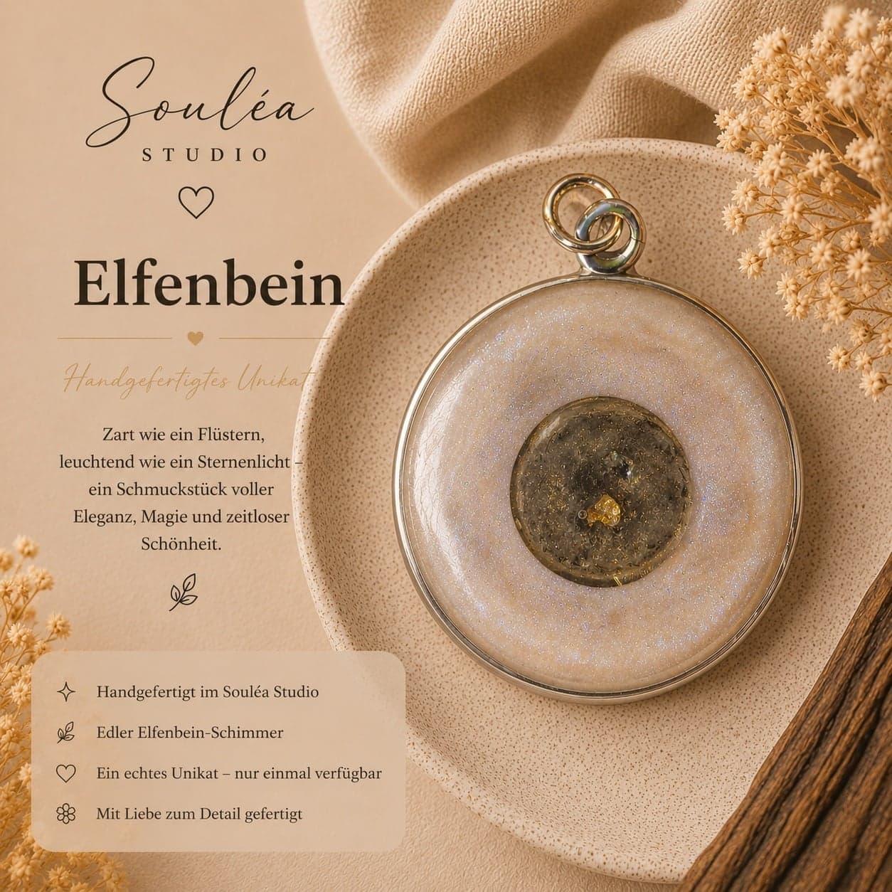 Elfenbein – Zarte Elfenbeintöne, feiner Schimmer und ein Hauch von Gold machen Elfenbein zu einem einzigartigen Schmuckstück voller Ruhe und Eleganz.