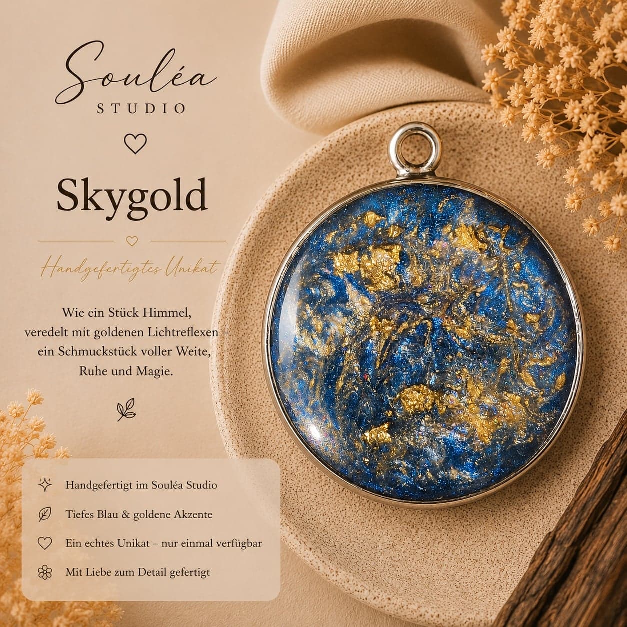 Skygold – Tiefes Blau trifft auf schimmerndes Blattgold – ein Schmuckstück, das die Weite des Himmels und die Wärme goldener Sonnenstrahlen in sich vereint.