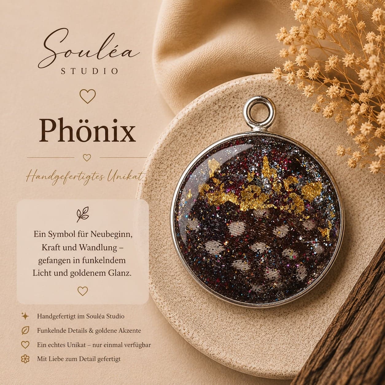 Phönix – Ein Symbol für Neuanfang, Stärke und Wandlung – eingefangen in funkelndem Gold und tiefen, geheimnisvollen Farbtönen.